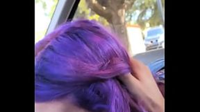 Teen with purple hair engulfs huge cock in the car