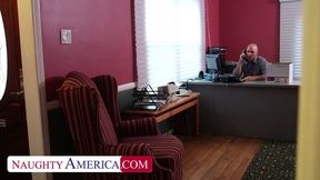 Boss Brandi Love gets on her knees and gives big dick employee a going away p...