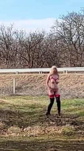 Little Whore Strips off Her Red Bodysuit on the Highway Part 2