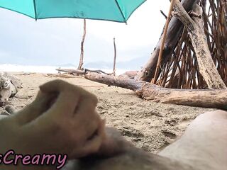 4K! MissCreamy Teacher Handjobs My Shlong Below Public Beach Umbrella in Rain!