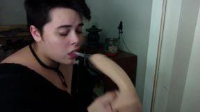 Cute femboy gives sloppy head with a toy