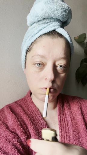After shower smoke break with a hot babe