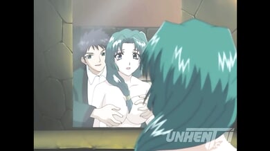 Green-haired woman in anime style has her large breasts tightly squeezed under sunlight