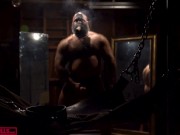 HYPER MASCULINE MUSCLE HAIRY BULL SMOKING HIS CIGAR IN FRONT OF THE SLING