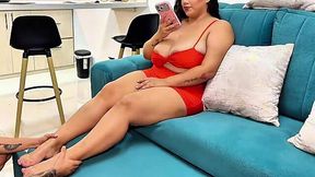 Chubby milf asks stepson for a feet massage, but ends up having sex with him on the couch
