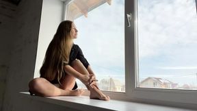 Outdoor intimacy by the window  Tempting onlookers with passion