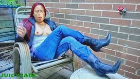 Pinay smoking topless in the backyard wearing leather jacket, blue jeans and heeled boots vol 72 toplesssmoking