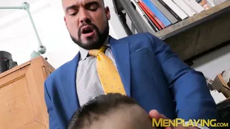 Bearded muscle hunk in suit sucks cock and gets anal fucked