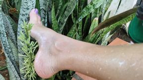 Katherine highly arched feet in the garden