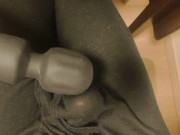 Stimulate with electric massager in the crotch of black tights. Unbearably big launch.