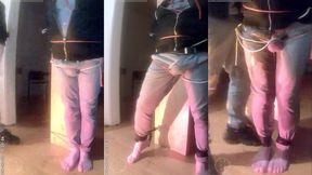 pee desperation: tied up by his flatmate, this guy tries to resist while his cock and balls are played with. he gets a boner and finally wets himself