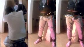 pee desperation: tied up by his flatmate, this guy tries to resist while his cock and balls are played with. he gets a boner and finally wets himself