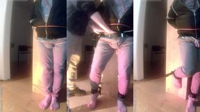 pee desperation: tied up by his flatmate, this guy tries to resist while his cock and balls are played with. he gets a boner and finally wets himself