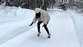 Zanotti platform shoes on snow, slippery shoes, girl walking on slippery road, high heels sliding, heelless on snow walk