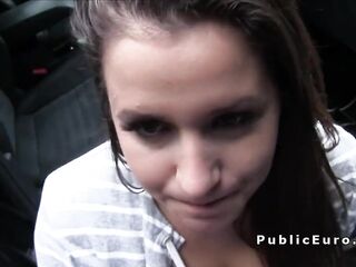 Euro amateur girl fucks in car in public