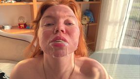 HUGE cumshot in MOUTH! The beauty is confused and shy