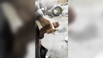 Horny daddy bear jerks his big uncut cock in garage and shoots huge load
