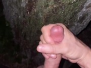 Squirting piss and cum on a tree in public