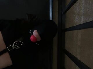 Gagged and Hooded Serf struggles in Straitjacket Whilst In Cage