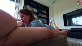 Hot Blowjob and Cum Swallow on the Sofa