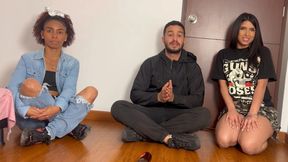 A fresh trio of players in a Strip Spin the Bottle game