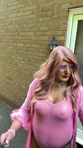 Sexy Crossdresser Kellycd2022 in Pink Bodysuit Stockings and Heels
