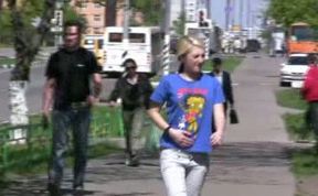 Cute Russian girl in high heels pisses in her pants