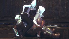 din djarin having fun with 2 haydee robots - starwars the mandalorian - haydee crossover parody