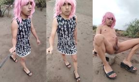 Beautiful trans doll in a dress and sandals strips public teasing feet fanatics