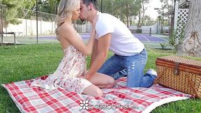 Blonde Emma Hix Sucks and Takes Cumshot in Small Tits Picnic Fuck