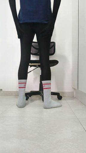Having fun at home in the morning, wearing a black zentai and socks   Clip 1