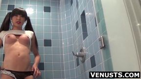 Asian tgirl's masturbation shower ends with cum