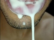 cum in my mouth, I play with your cum, and I swallow it, closeup, naughty gay, tongue, sloopy