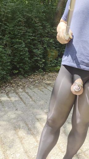 Korean babe flashes her pantyhose-clad cock in public