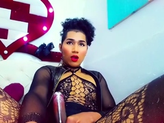 Horny tranny jerking her big dick on webcam
