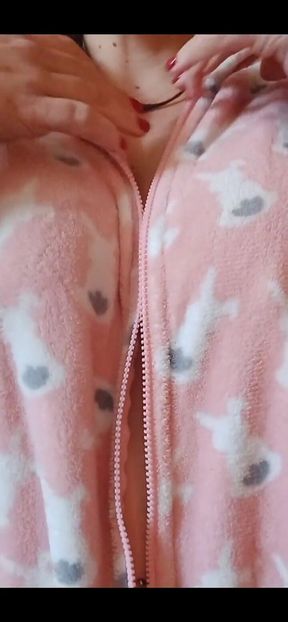 Unzipping My Bunny Onesie and Playing with My Tits