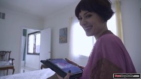Stepson catches busty stepmom watching porn and she wants to fulfill an old and young fantasy.The redhead milf gives him a bj and rides his big cock