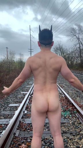 Rain-soaked Railroad Exhibition Muscular Asian Hunk Strips, Flexes, Cums Hard & Marks His Territory