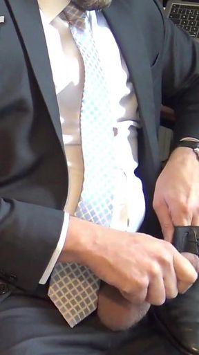 Suited Boss Jerks Uncut Cock and Cums on Formal Shoes