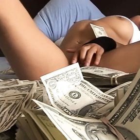 Married woman gets very horny when she sees cash and masturbates for all of you to see