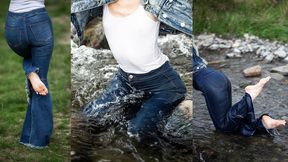 Free People extreme flared jeans getting soaked in a river