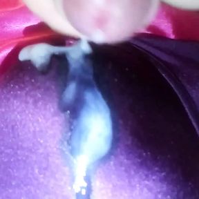 Leatransteen cum on shiny purple satin bra