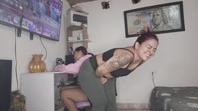 My girl is concentrating on working and I distract her with my loud farts and my farts in leggings are so perfect