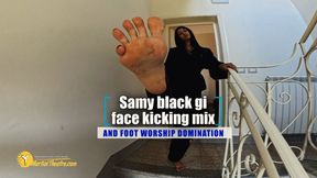 Samy black gi face kicking mix foot worship domination