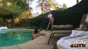penny pax lifts her plaid skirt exposing her bare pussy at the pool!