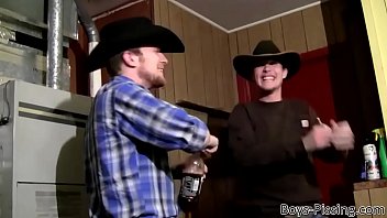 Cowboy pisses in his own mouth and jerks off with his friend