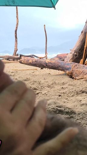 Powerful moment from &quot;4K! MissCreamy Teacher Handjobs My Cock Under Public Beach Umbrella in Rain!&quot;