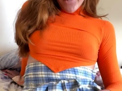 Tranny with big tits tugs on her big cock