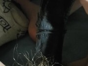Disabled woman uses large black horsecock dildo inside tight wet pussy