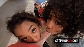 Black milf Misty Stone and stepdaughter Sarah Lace in hot Christmas family threesome